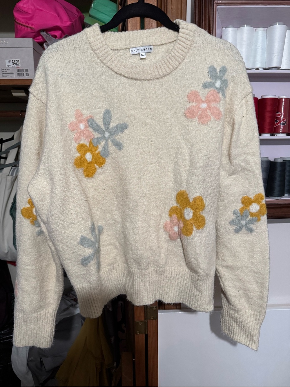 Baltic Born Cream Floral Crewneck Sweater with Mustard and Pink Accents